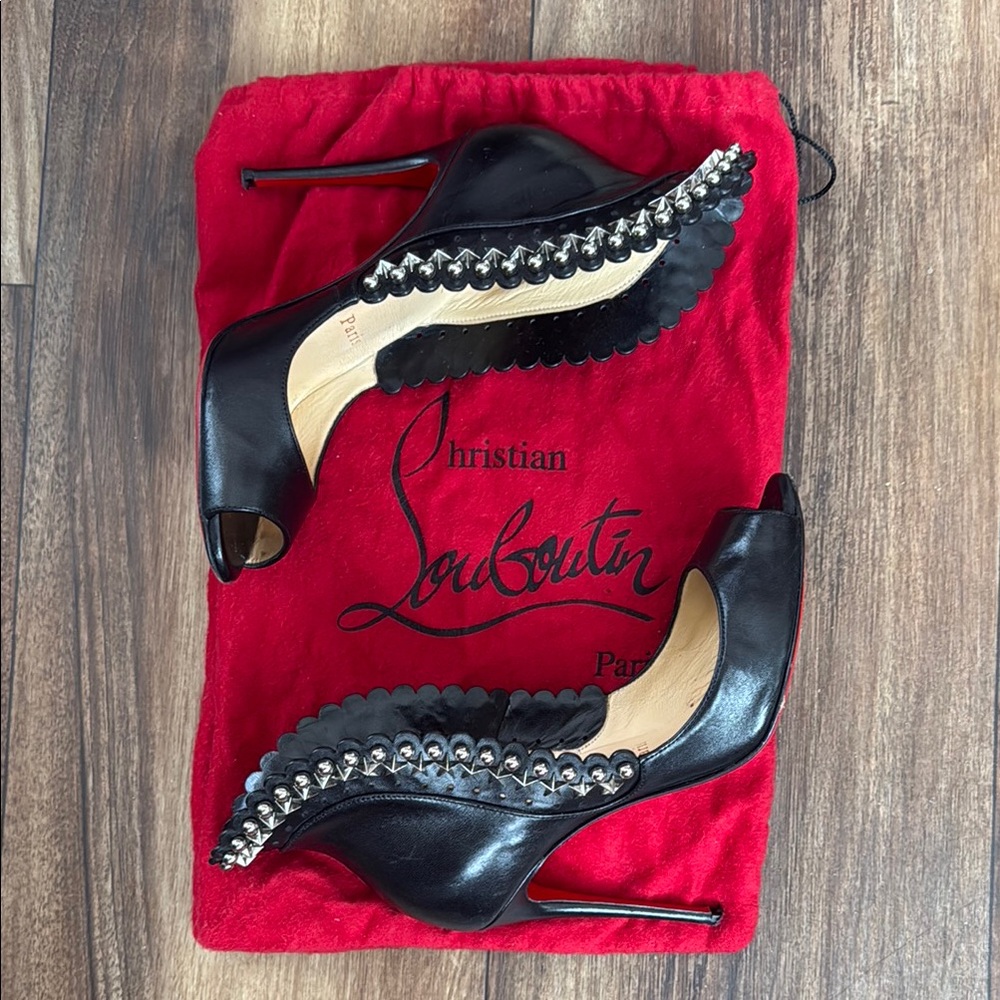 Christian Louboutin Black Leather Embellished Peep Toe Heels Sz 35.5